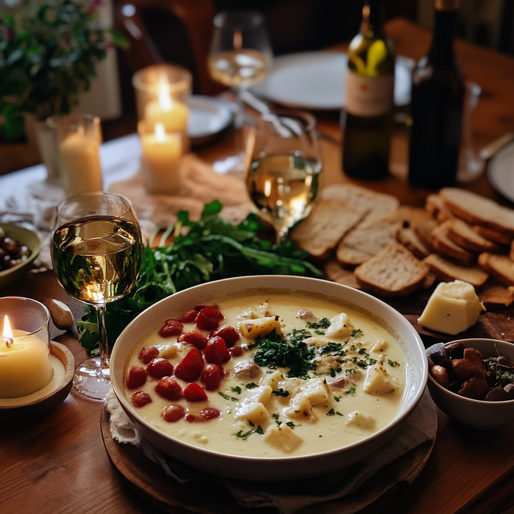 an elegant table setting with fondue pot, dippers, and wine.