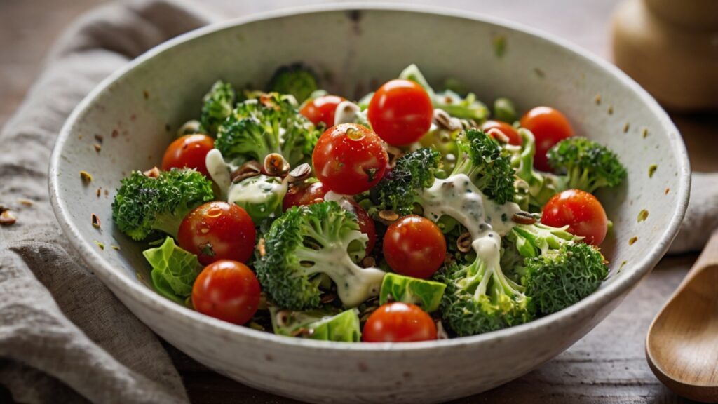 the finished broccoli salad served in a bowl