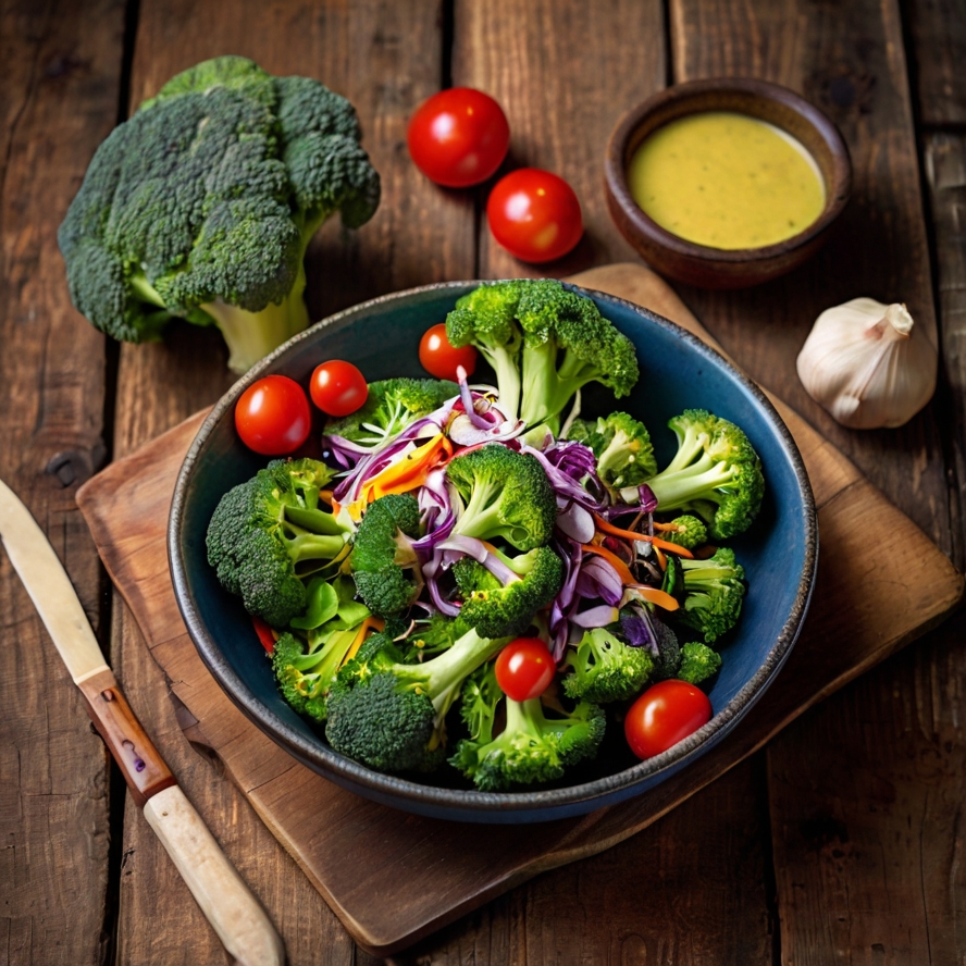 fresh broccoli and ingredients arranged on a table