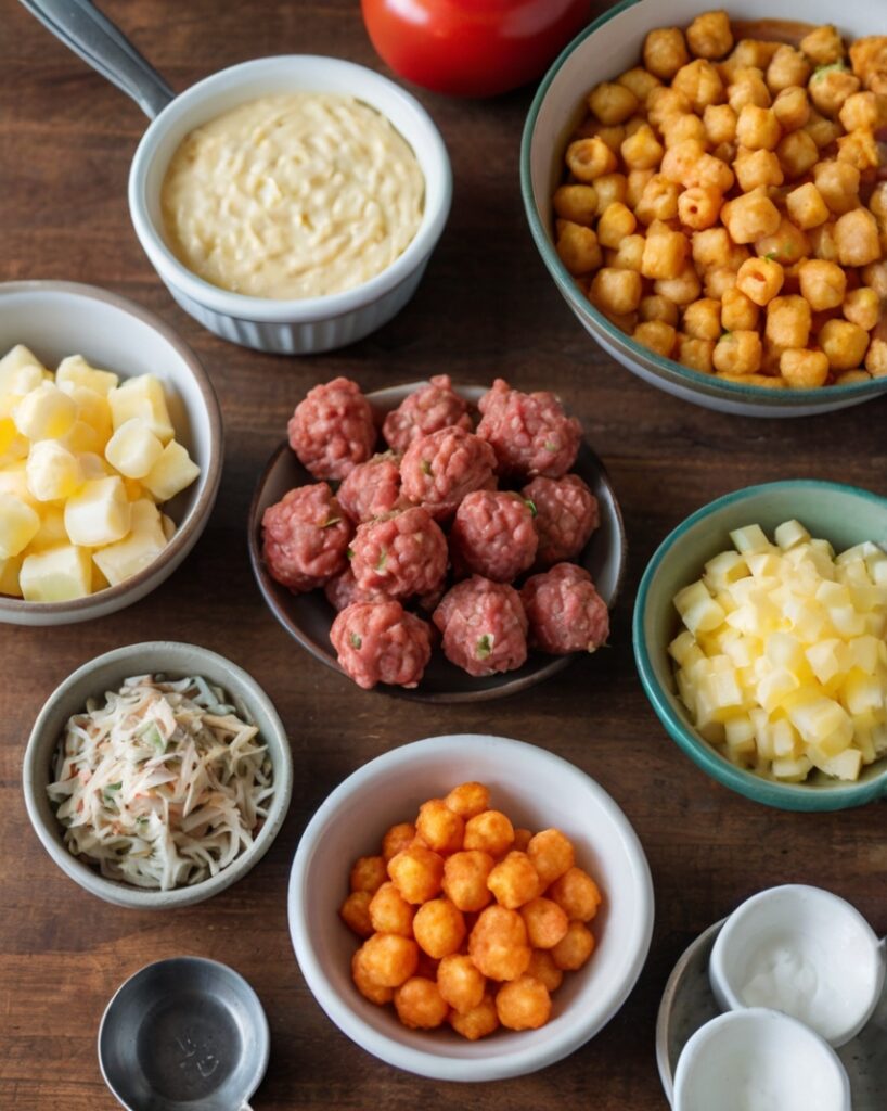 Ingredients for easy tater tot casserole spread out on a kitchen countertop, showcasing ground beef, tater tots, and soup.