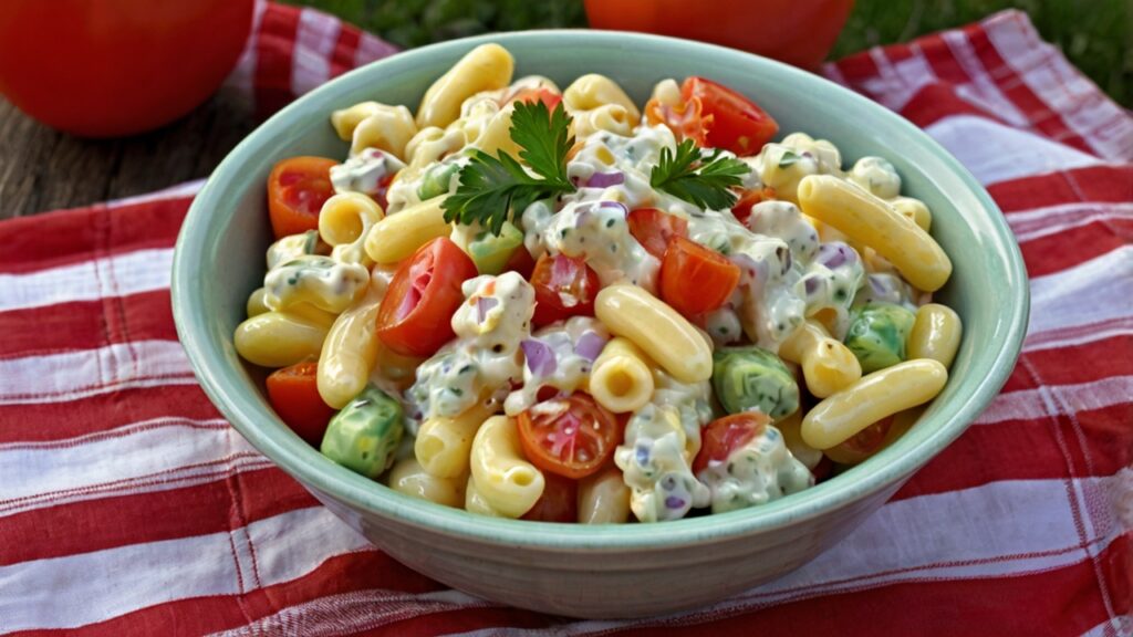 a bowl of macaroni salad with colorful veggies