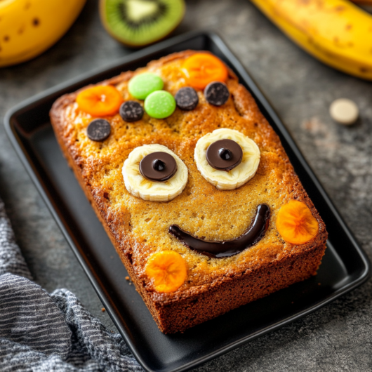 Decorating the Banana Bread with a fun face using fruit and chocolate chips