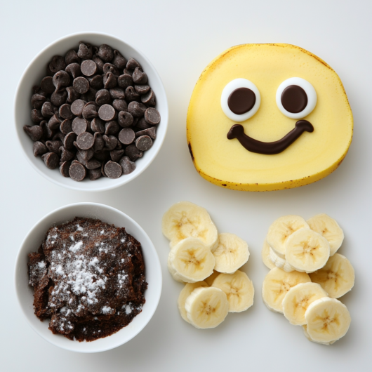 Ingredients for Banana Bread with Fun Face: bananas, sugar, butter, chocolate chips.