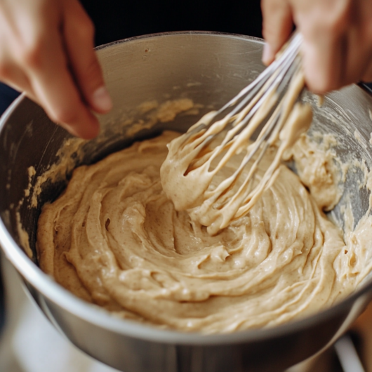 Mixing the banana bread batter before baking.