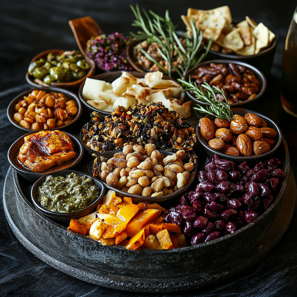 a beautifully arranged serving platter of savory nuts alongside dips or drinks.]