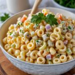 the finished macaroni salad in a serving bowl