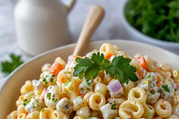 the finished macaroni salad in a serving bowl