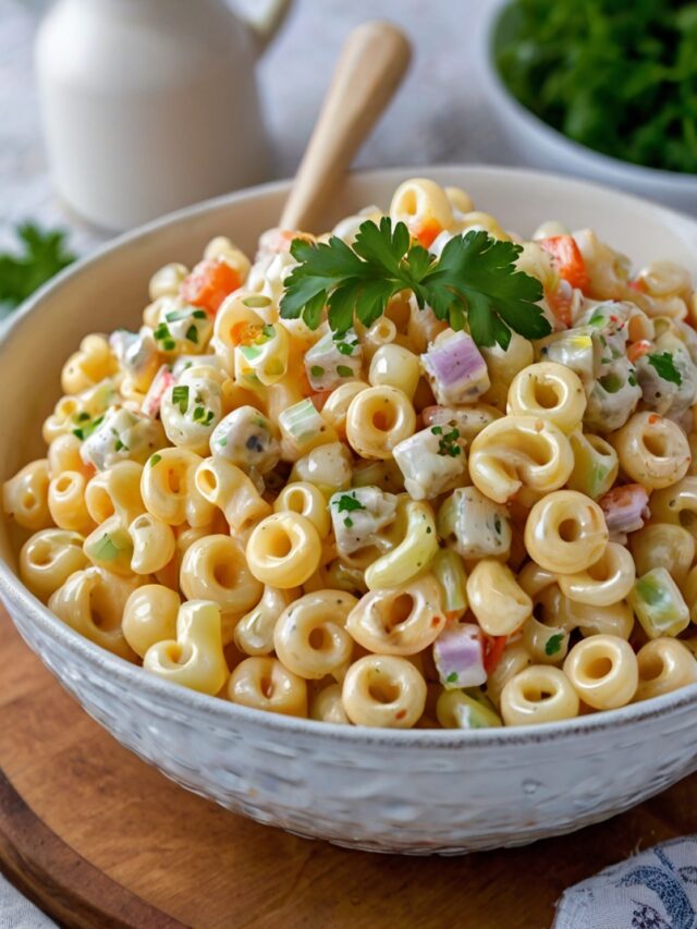 the finished macaroni salad in a serving bowl