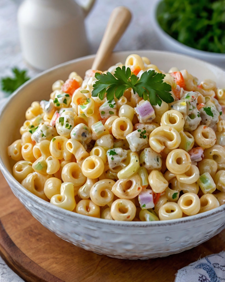 the finished macaroni salad in a serving bowl